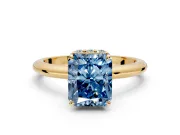 Hidden Halo Engagement Ring Setting for Fancy Blue Radiant Cut Center with Plain Rounded Band and Prong Head in Yellow Gold
