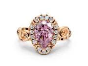 Halo Engagement Ring Setting for Fancy Pink Pear-Shaped Center with Open Scroll Shoulders and Prong Head in Rose Gold