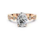 Solitaire Engagement Ring Setting for Oval Center with Milgrain Bezel Accents and Prong Head in Rose Gold