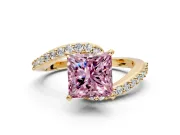 Solitaire Engagement Ring Setting for Fancy Pink Princess Cut Center with Pave Bypass Swirl Band and Prong Head in Yellow Gold