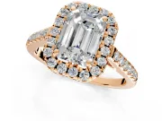 Halo Engagement Ring Setting for Emerald Cut Center with Raised Halo, Pave Band and Prong Head in Rose Gold