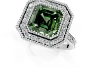 Halo Engagement Ring Setting for Fancy Green Asscher Cut Center with Milgrain Frame, Pave Band and Prong Head in Sterling Silver