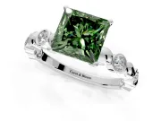 Solitaire Engagement Ring Setting for Fancy Green Princess Cut Center with Beaded Bezel Station Band and Prong Head in White Gold