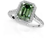 Halo Engagement Ring Setting for Fancy Green Emerald Cut Center with Pave Accents, Heart Basket and Prong Head in Platinum