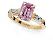 3 Stone Engagement Ring Setting for Fancy Pink Emerald Cut Center with Tapered Baguettes, Plain Band and Prong Head in Yellow Gold