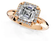 Halo Engagement Ring Setting for Asscher Cut Center with Tapered Plain Band and Prong Head in Rose Gold