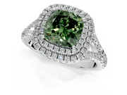 Double Halo Engagement Ring Setting for Fancy Green Cushion Cut Center with Narrow Pave Split Shank and Prong Head in White Gold