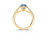 Halo Engagement Ring Setting for Fancy Blue Cushion Cut Center with Full Pave Band and Prong Head in Yellow Gold