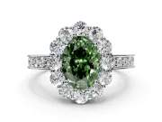 Halo Engagement Ring Setting for Fancy Green Oval Center with Milgrain Channel Band and Prong Head in White Gold