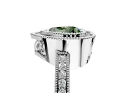 Halo Engagement Ring Setting for Fancy Green Heart-Shaped Center with Milgrain Halo, Pave Band and Prong Head in Sterling Silver