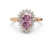 Starburst Halo Engagement Ring Setting for Fancy Pink Pear-Shaped Center with Thin Round-Wire Band and Prong Head in Rose Gold