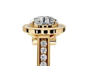 Halo Engagement Ring Setting for Round Cut Center with Outer Bezel Rim, Pave Band and Prong Head in Yellow Gold