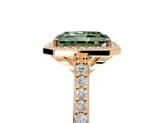 Halo Engagement Ring Setting for Fancy Green Radiant Cut Center with Pave Accents, Heart Basket and Prong Head in Rose Gold