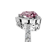 Halo Engagement Ring Setting for Fancy Pink Heart-Shaped Center with Heart-Shaped Openwork, Pave Band and Prong Head in White Gold