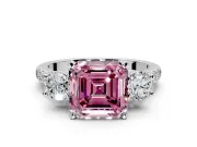 3 Stone Engagement Ring Setting for Fancy Pink Asscher Cut Center with Crossover Basket, Pave Band and Prong Head in Sterling Silver