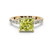 Baguette Engagement Ring Setting for Fancy Yellow Princess Cut Center with Alternating Bar-Set Band and Prong Head in Yellow Gold