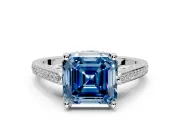Cathedral Engagement Ring Setting for Fancy Blue Asscher Cut Center with Antique-Style Pave Band and Prong Head in Sterling Silver