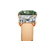 3 Stone Engagement Ring Setting for Fancy Green Radiant Cut Center with Raised Basket Heads and Prong Head in Rose Gold