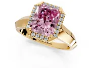 Halo Engagement Ring Setting for Fancy Pink Radiant Cut Center with Knife Ridge Cathedral Band and Prong Head in Yellow Gold