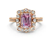 Milgrain Halo Engagement Ring Setting for Fancy Pink Emerald Cut Center with Bezel Point Accents and Prong Head in Rose Gold