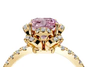 Halo Engagement Ring Setting for Fancy Pink Cushion Cut Center with Openwork Halo, Pave Band and Prong Head in Yellow Gold