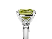 3 Stone Engagement Ring Setting for Fancy Yellow Asscher Cut Center with Wide Plain Band and Prong Head in Platinum