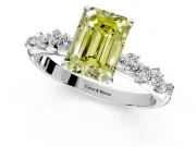 Cluster Engagement Ring Setting for Fancy Yellow Emerald Cut Center with Round Cut Accent Band and Prong Head in White Gold