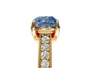 Solitaire Engagement Ring Setting for Fancy Blue Cushion Cut Center with Milgrain-Framed Pave Band and Prong Head in Yellow Gold