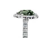 Halo Engagement Ring Setting for Fancy Green Heart-Shaped Center with Narrowing Pave Band and Prong Head in White Gold