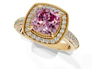 Milgrain Halo Engagement Ring Setting for Fancy Pink Cushion Cut Center with Three-Sided Pave Band and Prong Head in Yellow Gold