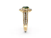 Large Accent Halo Engagement Ring Setting for Fancy Green Round Cut Center with Pave Split Shank and Prong Head in Yellow Gold