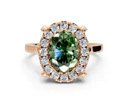Single Halo Engagement Ring Setting for Fancy Green Oval Center with Corner Claws, Plain Band and Prong Head in Rose Gold