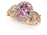 Milgrain Halo Engagement Ring Setting for Fancy Pink Oval Center with Shoulder Bezels and Prong Head in Rose Gold