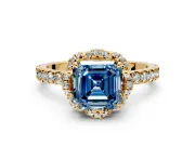 Halo Engagement Ring Setting for Fancy Blue Asscher Cut Center with Openwork Halo, Pave Band and Prong Head in Yellow Gold