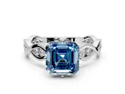 Solitaire Engagement Ring Setting for Fancy Blue Asscher Cut Center with Accented Twist Band and Leaf Prong Head in Platinum