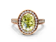 Halo Engagement Ring Setting for Fancy Yellow Oval Center with Outer Bezel Rim, Pave Band and Prong Head in Rose Gold