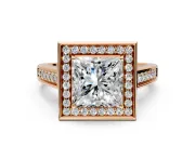 Halo Engagement Ring Setting for Princess Cut Center with Outer Bezel Rim, Pave Band and Prong Head in Rose Gold