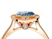 Halo Engagement Ring Setting for Fancy Blue Heart-Shaped Center with Milgrain Pave Band and Bezel Head in Rose Gold