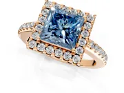 Pave Halo Engagement Ring Setting for Fancy Blue Princess Cut Center with Single Row Pave Band and Prong Head in Rose Gold
