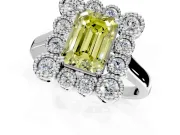 Cluster Halo Engagement Ring Setting for Fancy Yellow Emerald Cut Center with Milgrain Bezel Accents and Prong Head in Sterling Silver