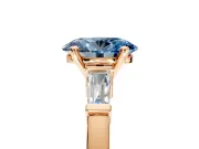 3 Stone Engagement Ring Setting for Fancy Blue Oval Center with Channel Baguette Accents and Prong Head in Rose Gold