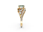 Halo Engagement Ring Setting for Fancy Green Radiant Cut Center with Marquise and Pave Bypass Band and Prong Head in Yellow Gold