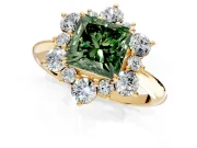 Small-Accent Cluster Halo Engagement Ring Setting for Fancy Green Princess Cut Center with Plain Band and Prong Head in Yellow Gold