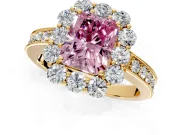 Halo Engagement Ring Setting for Fancy Pink Radiant Cut Center with Milgrain Channel Band and Prong Head in Yellow Gold