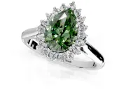 Starburst Halo Engagement Ring Setting for Fancy Green Pear-Shaped Center with Thin Round-Wire Band and Prong Head in Sterling Silver