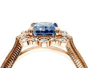 Milgrain Halo Engagement Ring Setting for Fancy Blue Radiant Cut Center with Bezel Point Accents and Prong Head in Rose Gold