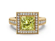Milgrain Halo Engagement Ring Setting for Fancy Yellow Princess Cut Center with Pave Band and Prong Head in Yellow Gold