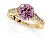 Solitaire Engagement Ring Setting for Fancy Pink Round Cut Center with Engraved Pave Band and Prong Head in Yellow Gold