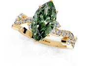 Solitaire Engagement Ring Setting for Fancy Green Marquise Center with Bar-Station Pave Twist and Prong Head in Yellow Gold