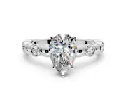 Solitaire Engagement Ring Setting for Pear-Shaped Center with Beaded Bezel Station Band and Prong Head in White Gold